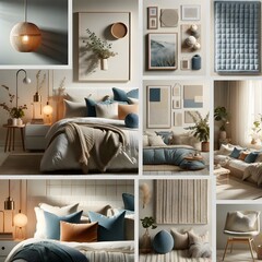Interior design moodboard with modern bedroom furniture, home accessories details and contemporary style.