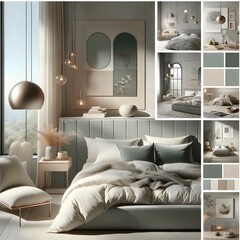 Interior design moodboard with modern bedroom furniture, home accessories details and contemporary style.