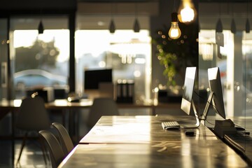 Blurred background of empty modern office space with a bokeh effect