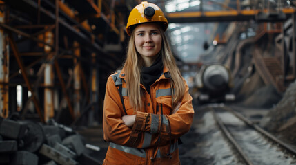Repair and construction of the railway. A beautiful woman with long blond hair wearing a yellow helmet and an orange jacket