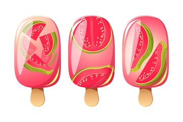 Guava ice cream, fruit popsicle on a wooden stick with guava pieces. Summer cold dessert, frozen juice, fruit ice. Vector illustration.