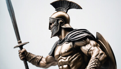 Obraz premium statue of spartan soldier, isolated white background, copy space for text 