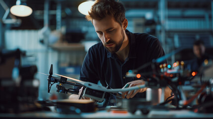 A serious young man is repairing a UAV in a dimly lit room. The drone is lying on the table. The repairman is focused on his job