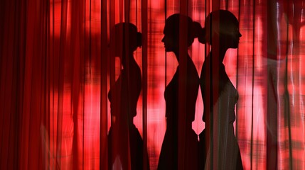 Mysterious silhouettes behind red curtain