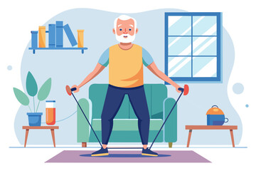Fototapeta premium Senior active exercise training sport fitness home band resistance elastic equipment strong strength stretching man pilates gym modern flat design simple vector illustration isolated transparent