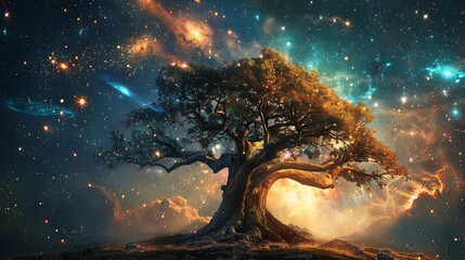 Cosmic tree glowing with stars and nebulae at night
