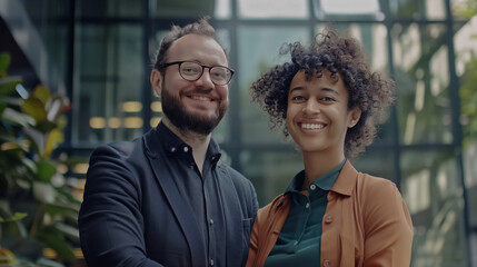 A team of two successful specialists. A white man with glasses and a black woman smile at the camera