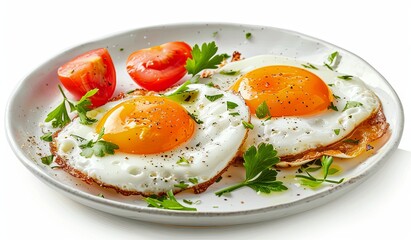 Delicious sunny side up eggs on a plate with fresh tomatoes and parsley