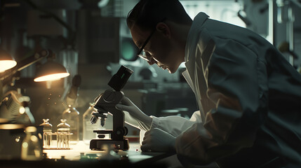 An Asian male researcher with glasses in a lab coat looks through a microscope in a dark room. The concept of scientific curiosity