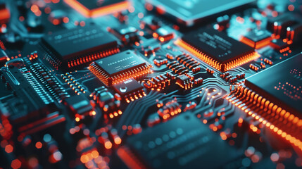 Close-up of a computer chip. The image reflects the inner workings of a computer chip. The concept of technology