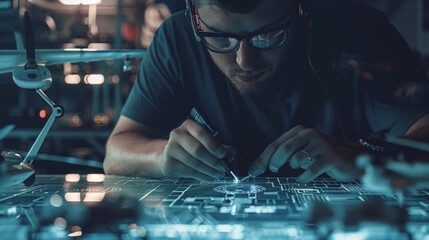 A man with glasses is working intently at the monitor of a modern futuristic computer screen. The concept of the profession