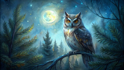 Mystical Nocturnal Landscape with Owl