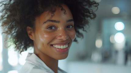 A black female doctor with curly hair smiles and looks at the camera. She's wearing a white lab coat