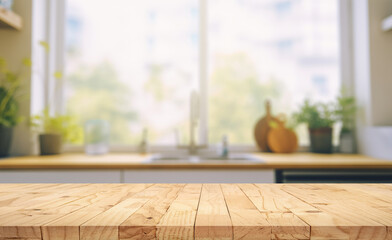 Kitchen table top for product display with blurred modern interior