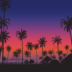 Silhouetted coconut palm trees at the beach with dramatic sky square background vector illustration. Summer traveling and party at the beach concept flat design with blank space.