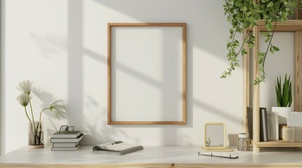 Frame mockup, wood chest of drawers and green plant, white wall home room interior, 3D render