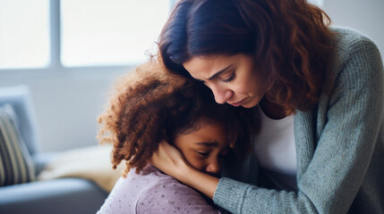 Comforting moment between mother and distressed child in a mental health clinic setting.
