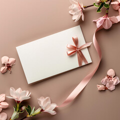 blank card with ribbon and flowers on a beige background.