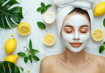 A woman enjoying facial treatment with face mask on white towel in spa salon, surrounded by lemon and mint leaves