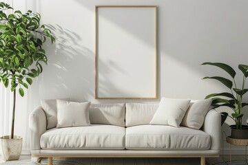 A white couch with a plant in a pot next to it