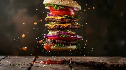 A towering double cheeseburger with lettuce, tomato, onion, and condiments, mid-air with scattered ingredients and sauce droplets around it on a wooden surface.