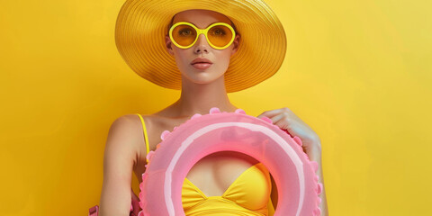 female wearing yellow wide brim hat, sun glasses, holding pink pool ring 