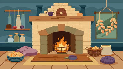 Inside the cottage a stone fireplace stands as the centerpiece of a cozy living room its mantel decorated with dried flowers and woven baskets filled.