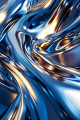 Mesmerizing blend of golden and blue metallic waves create a stunning abstract pattern