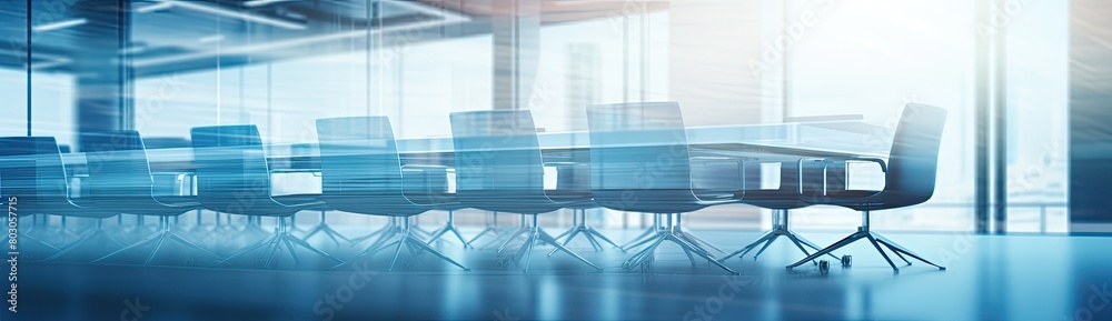 Wall mural Executive Gathering: Conference Table and Blue Chairs Arranged Before Glass Wall Backdrop