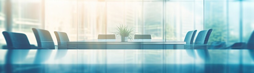 Fototapeta premium Executive Gathering: Conference Table and Blue Chairs Arranged Before Glass Wall Backdrop