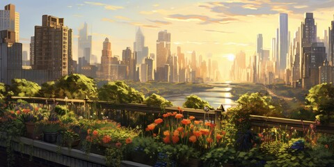 Fototapeta premium Evening Glow: City Skyline Enhanced by the Warm Hues of a Gorgeous Sunset