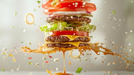A deconstructed hamburger with layers of lettuce, cheese, beef patties, tomato, and onions in...