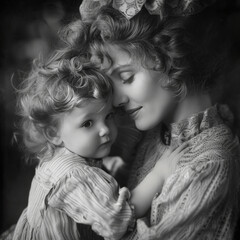 Vintage Portrait of Mother and Child in Loving Embrace