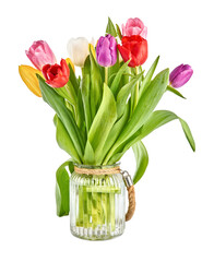 Spring tulips flowers bouquet in glass bucket vase, romantic greeting gift for birthday or Saint Valentines day holiday, isolated. PNG.