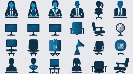 A set of 30 blue office icons. The icons include people, computers, chairs, and other office equipment.