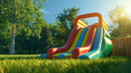 Colorful inflatable slide in suburban backyard.