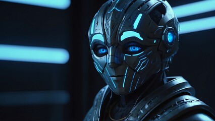 3d rendering of a male cyborg with blue lights in the background