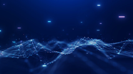 Digital technology abstract concept cyber security. Connection and flow of data waves, polygons, dot lines on a dark blue background. internet of things