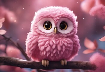 AI generated illustration of a pink owl perched on a branch among flowers and trees