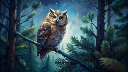 Majestic Owl Perched in Moonlit Forest