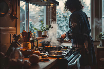 A person cooking dinner in a cozy kitchen with pots and pans on the stove.  