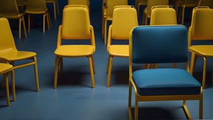 Naklejka premium A blue chair standing out from the crowd of yellow chairs against a blue studio background.