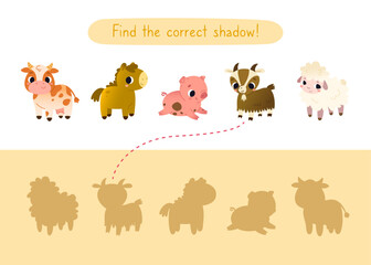 Mini game with cute domestic animals for kids. Find the correct shadow of cartoon farm animals.