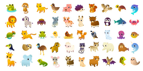 Cartoon animals set. Big vector collection of cute colorful animals. Bundle of funny baby animals.