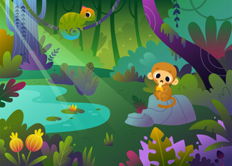Cartoon jungle landscape with cute baby animals. Bright vector rainforest background with funny animals.