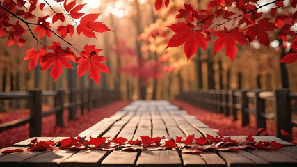 A minimal aesthetic background with autumn red leaves is used for the presentation of a wooden