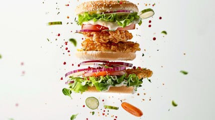 An exploded view of a chicken burger with layers separated mid-air, showcasing lettuce, tomato, onion, and seasonings on a white background.
