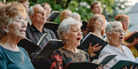 Group of senior women and men singing together at choir rehearsal. A community choir performing at a local nursing home. Hobbies and leisure for elderly people.