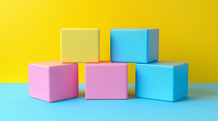  five colorful cubes on a vibrant yellow and blue background.