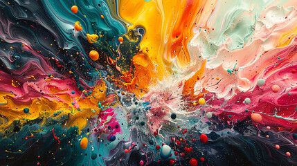 A vibrant and chaotic abstract artwork, with colors splashing and colliding in a stunning display.